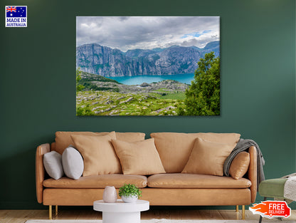 A Lake Surrounded By Mountains with Clouds Print 100% Australian Made