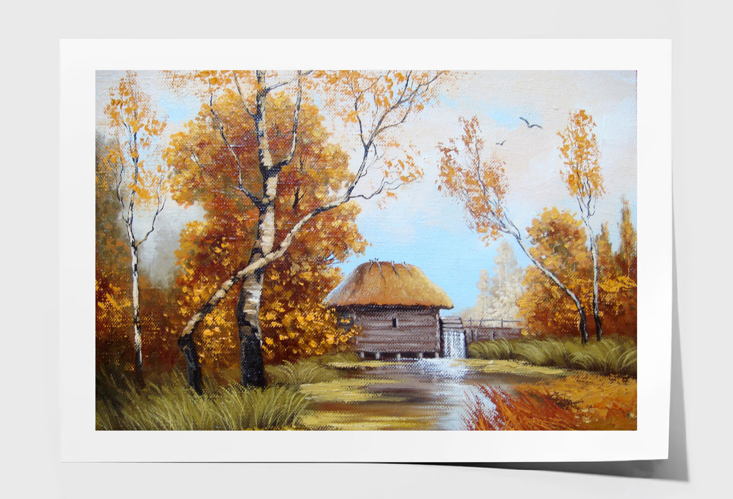 House near Lake & Autumn Trees Oil Painting Wall Art Limited Edition High Quality Print Unframed Roll Canvas None