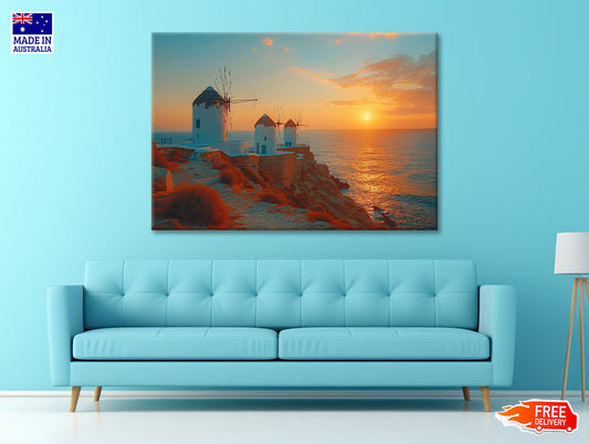 Buildings on a Rocky Shore, Sky In Greece Print 100% Australian Made