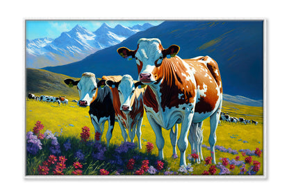 Pleasant Cows & Snow Mountain with Flowers Painting Wall Art Limited Edition High Quality Print Canvas Box Framed White