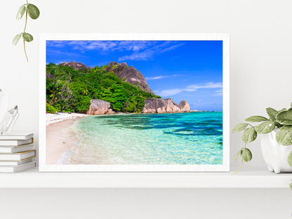 Tropical Beach & Seychelles Glass Framed Wall Art, Ready to Hang Quality Print Without White Border White