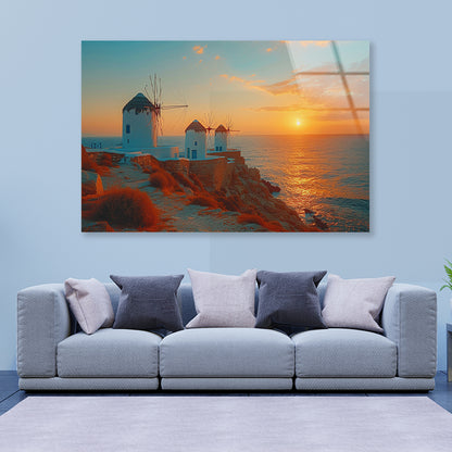 Buildings on a Rocky Shore, Sky In Greece Acrylic Glass Print Tempered Glass Wall Art 100% Made in Australia Ready to Hang