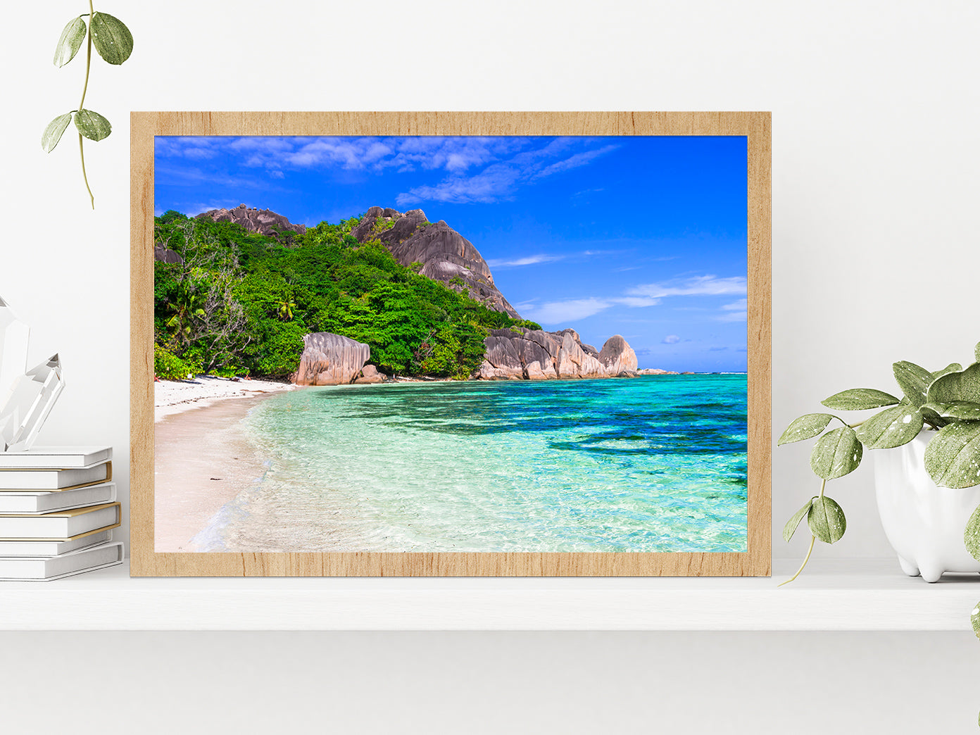 Tropical Beach & Seychelles Glass Framed Wall Art, Ready to Hang Quality Print Without White Border Oak