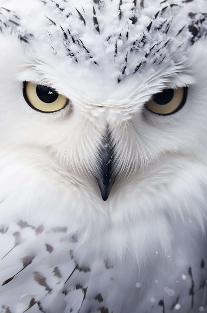 White Arctic Owl Eyes Feather Wildlife 40x60cm Metal Print Ready to Hang