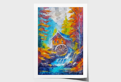 Country House. Water Mill. Beautiful Autumn Season. Mountain River in the Forest Wall Art Limited Edition High Quality Print