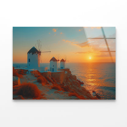 Buildings on a Rocky Shore, Sky In Greece Acrylic Glass Print Tempered Glass Wall Art 100% Made in Australia Ready to Hang