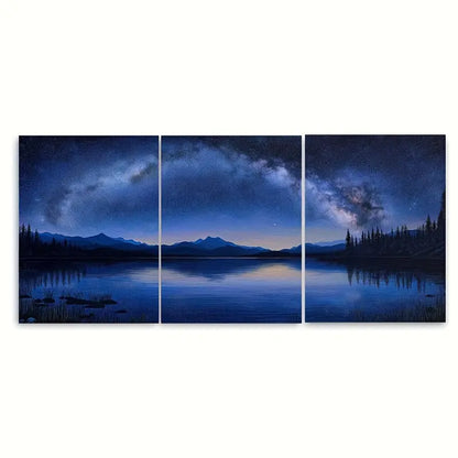 3pcs Starry Night Sky Over Tranquil Lake Metal Print Ready to Hang Art