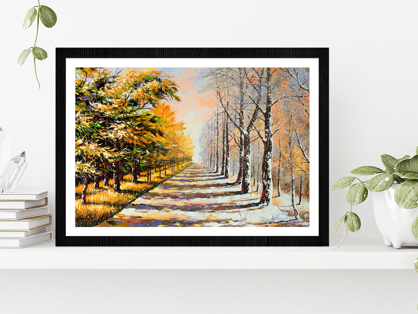 Allegory On Theme Winter Season & Autumn Season Painting Glass Framed Wall Art, Ready to Hang Quality Print With White Border Black