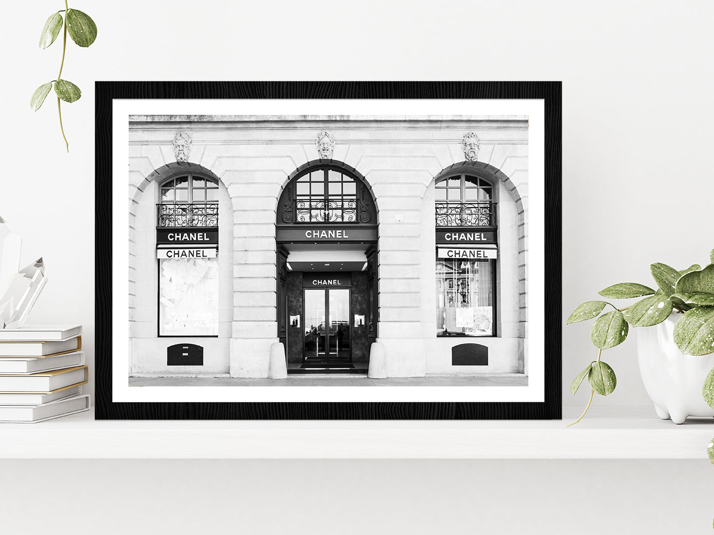 Fashion Store Front B&W Photograph Glass Framed Wall Art, Ready to Hang Quality Print With White Border Black