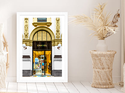 Gold Fashion Store Front View Photograph Glass Framed Wall Art, Ready to Hang Quality Print With White Border White