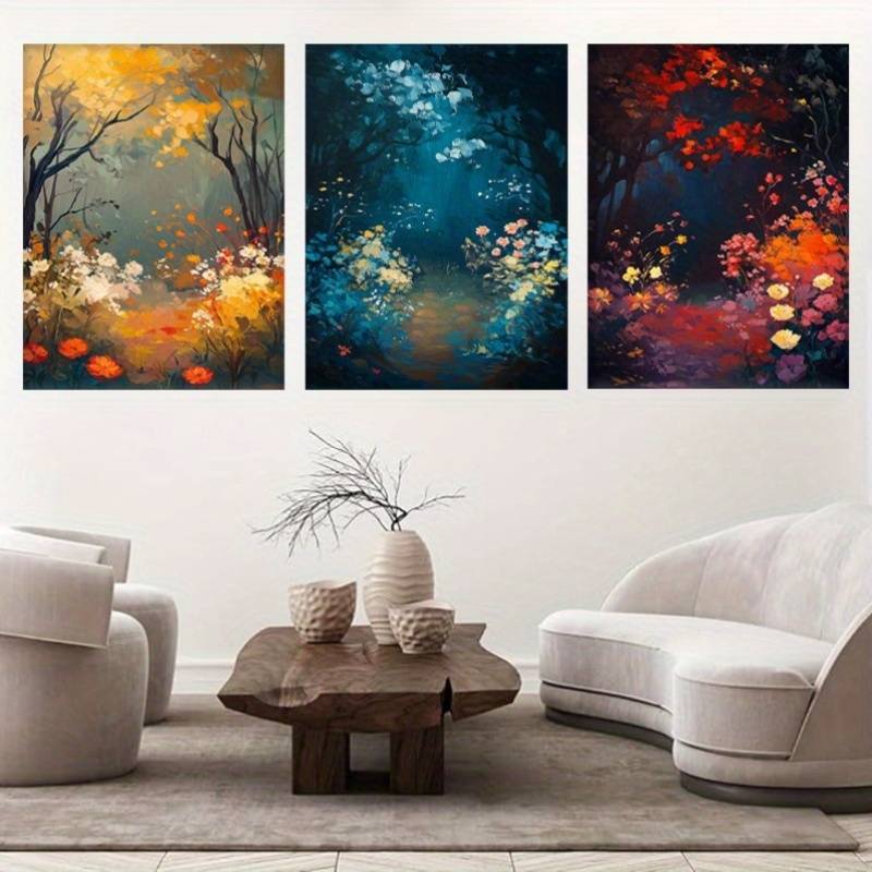3pcs Golden to Navy Blue Triptych Forest Scene Wall Art Set Canvas Unframed - High Quality Print 100% Australian Made Wall Canvas