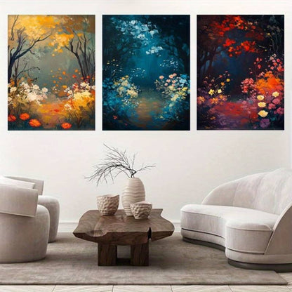 3pcs Golden to Navy Blue Triptych Forest Scene Wall Art Set Canvas Unframed - High Quality Print 100% Australian Made Wall Canvas