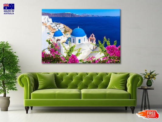 Pink Flowers in Santorini Greece Print 100% Australian Made