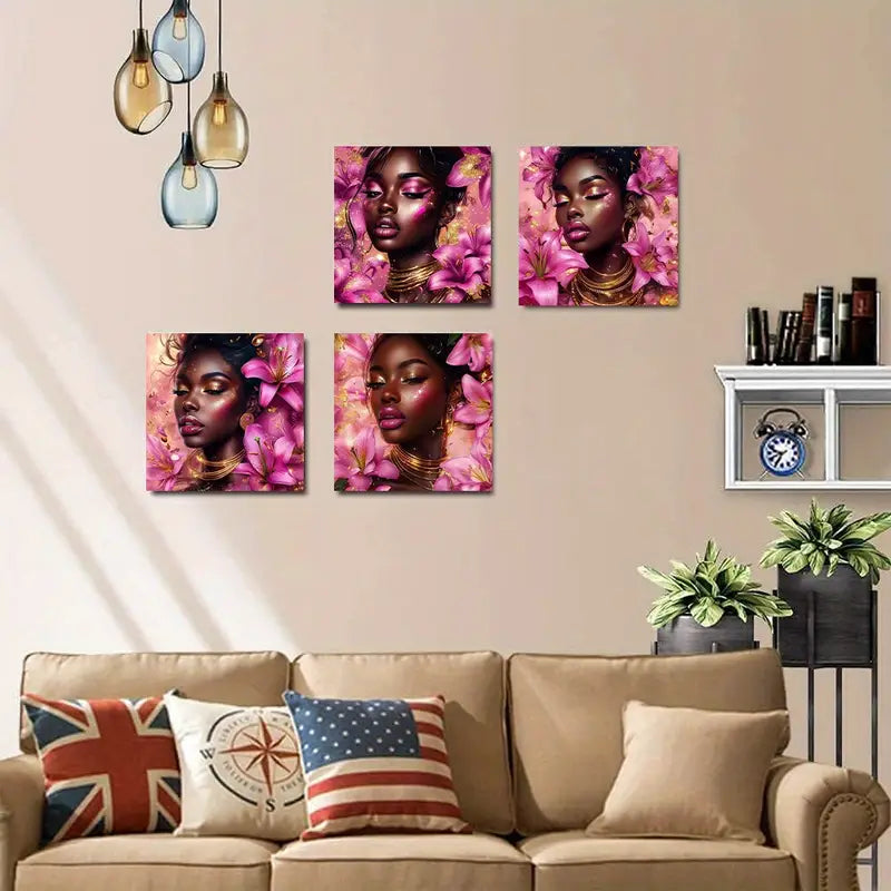4pcs Golden Circle Flower Woman Wall Art Canvas Framed