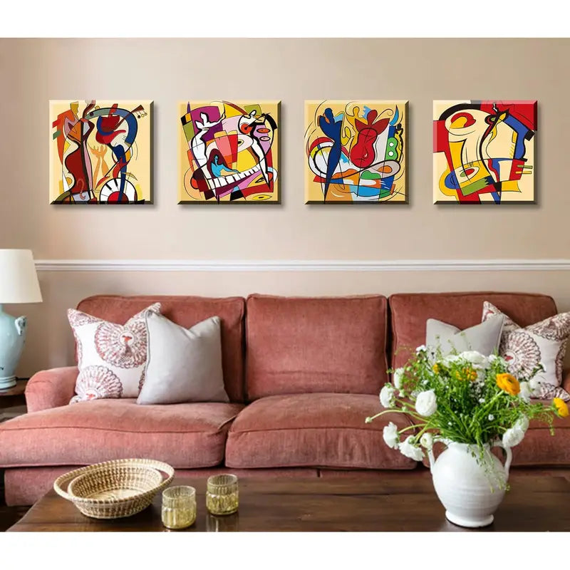 4pcs Geometric Shapes & Instruments Wall Art Canvas Framed