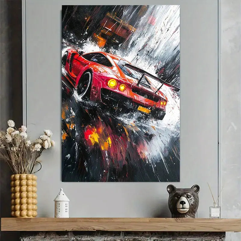 Red Sports Car Racing Scene Art Poster 40x60cm Metal Print Ready to Hang