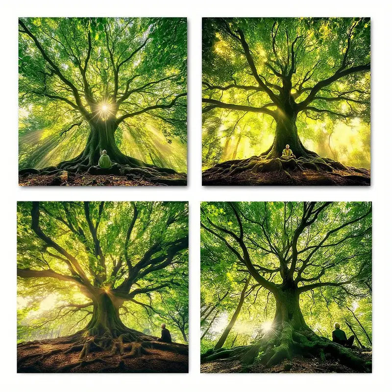 4pcs Rustic Spring Forest Green Tree gt   Wall Art Canvas Framed