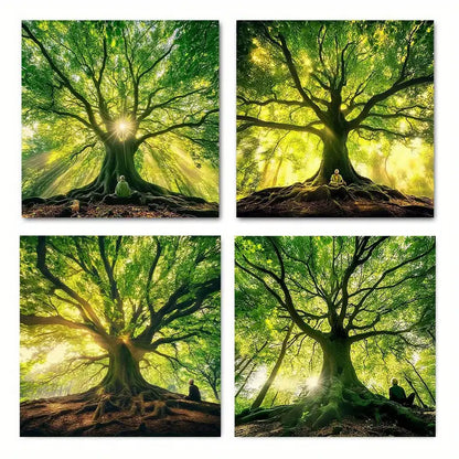 4pcs Rustic Spring Forest Green Tree gt   Wall Art Canvas Framed