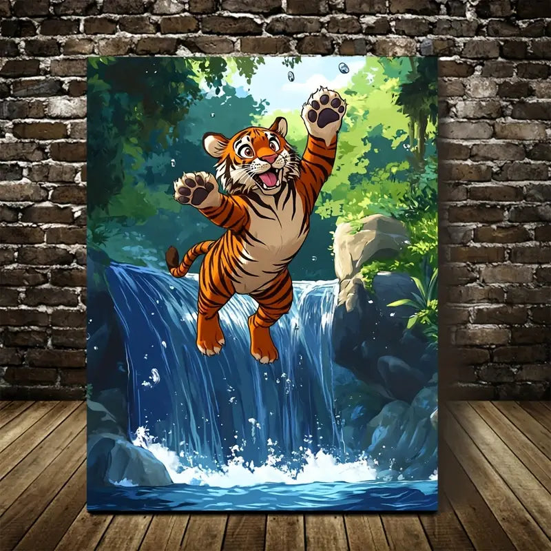 Cartoon Tiger Jumping Joyfully Over Crystal 40x60cm Metal Print Ready to Hang