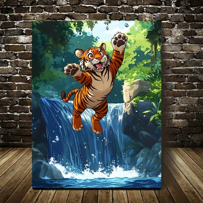 Cartoon Tiger Jumping Joyfully Over Crystal 40x60cm Metal Print Ready to Hang