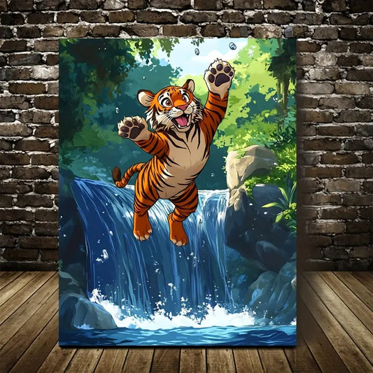 Cartoon Tiger Jumping Joyfully Over Crystal 40x60cm Metal Print Ready to Hang