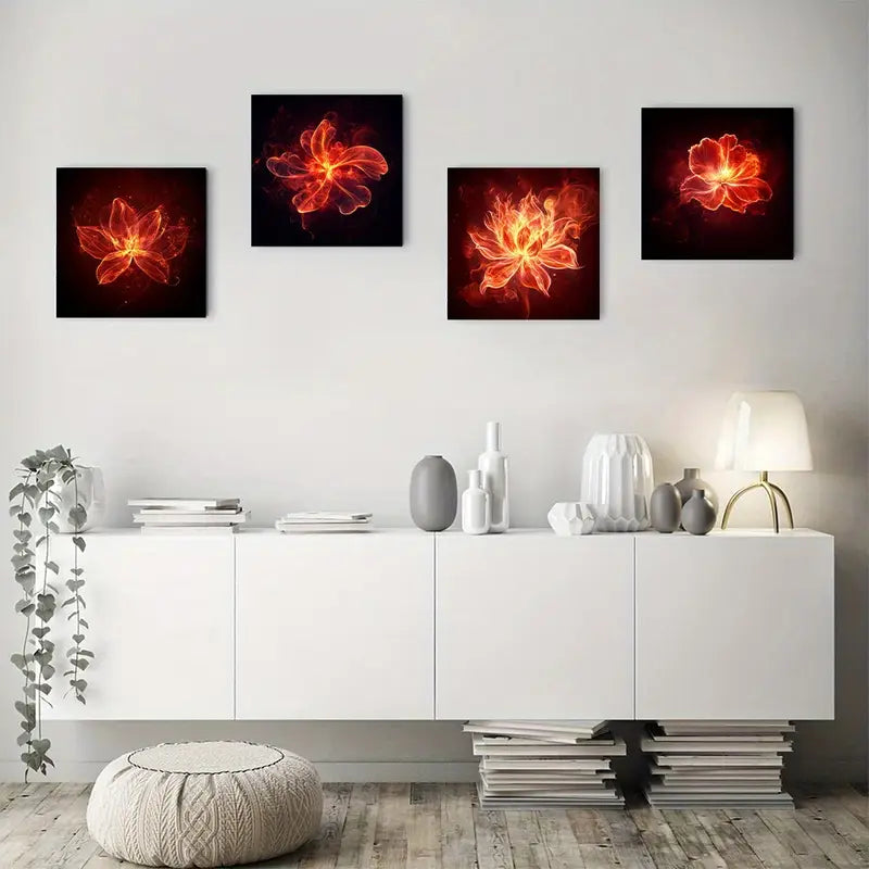 4pcs Fire Flowe Art Deco Wall Art Canvas Framed