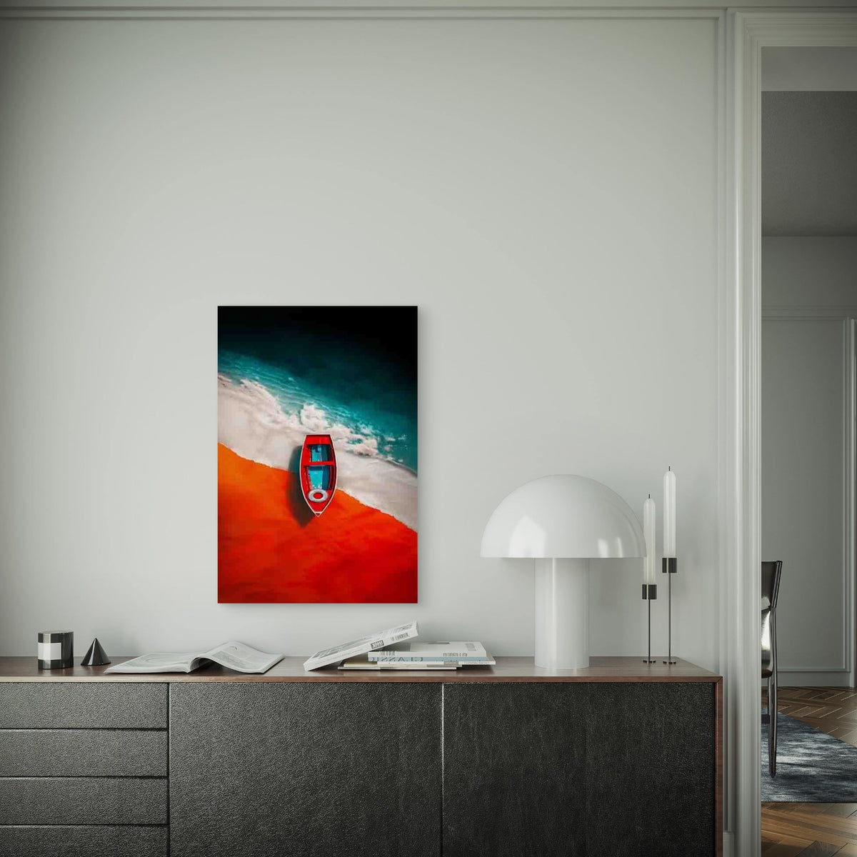 Vibrant Red Boat & Turquoise Waters Metal Print Ready to Hang