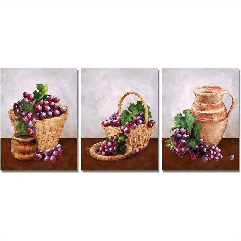 3pcs Grapevine & Purple Grapes Painting In Rustic Metal Print Ready to Hang Art