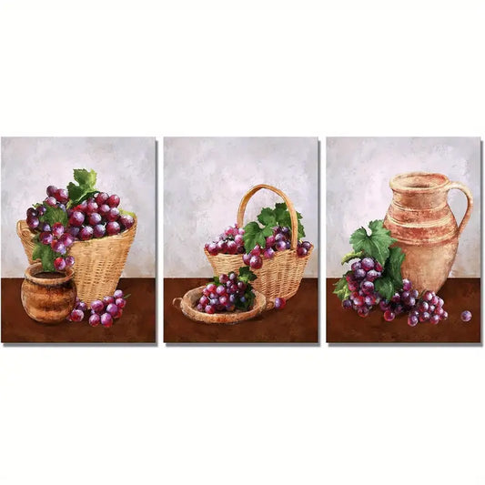 3pcs Grapevine & Purple Grapes Painting In Rustic Metal Print Ready to Hang Art