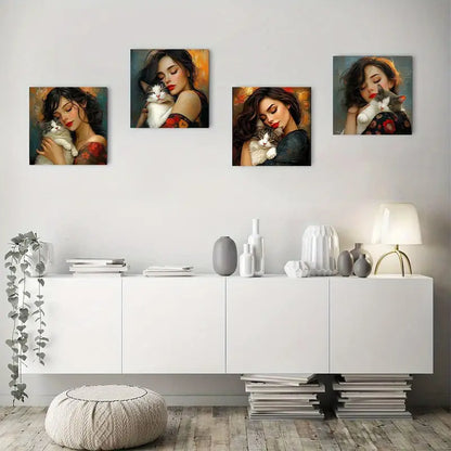 4pcs The Woman Holding Cat Wall Art Canvas Framed