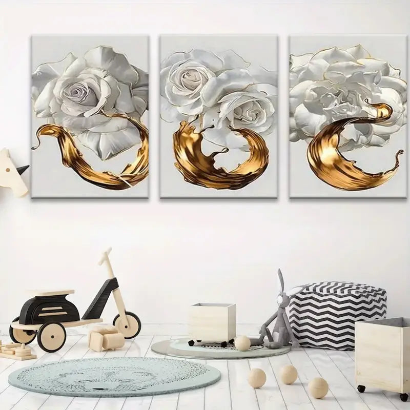 3pcs Golden Rose & Floral Metal Print Ready to Hang Art