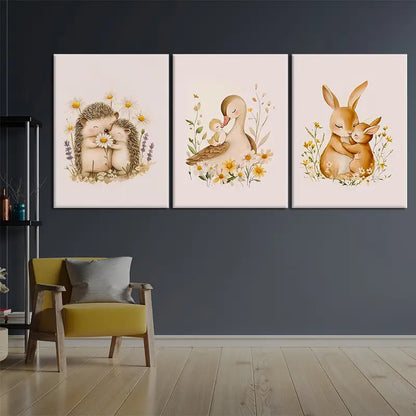 3pcs Cute Rabbit Hedgehog Duck Nursery Paintings Metal Print Ready to Hang Art