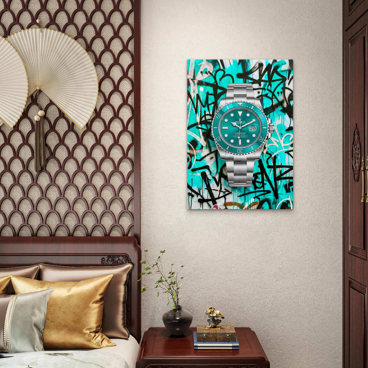 Teal Diver Graffiti Silver Wristwatch 40x60cm Metal Print Ready to Hang