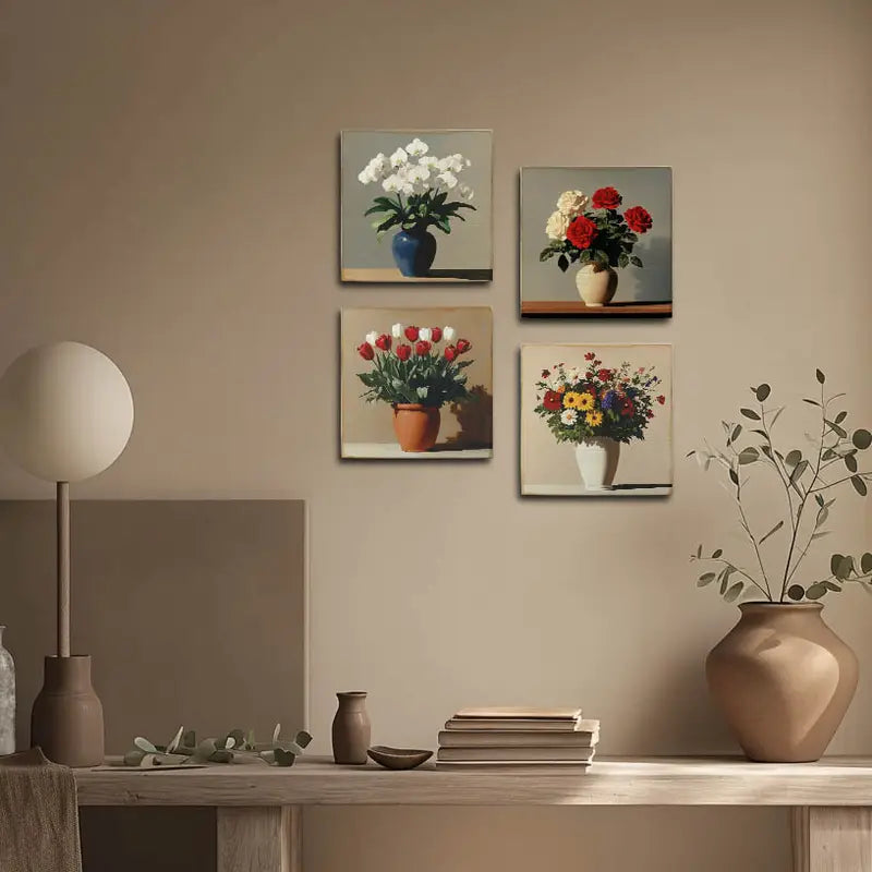 4pcs Blue,White,Brown And Beige Flower Vase Wall Art Canvas Framed