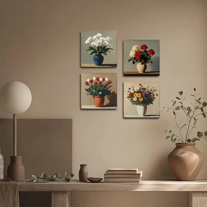 4pcs Blue,White,Brown And Beige Flower Vase Wall Art Canvas Framed