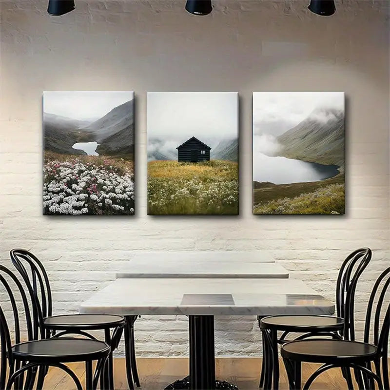 3pcs Tranquil Mountain Misty Lake and Flower Field Metal Print Ready to Hang Art