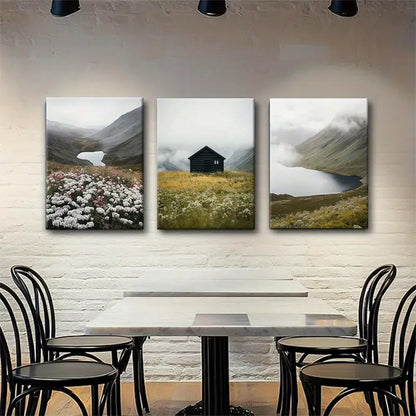 3pcs Tranquil Mountain Misty Lake and Flower Field Metal Print Ready to Hang Art