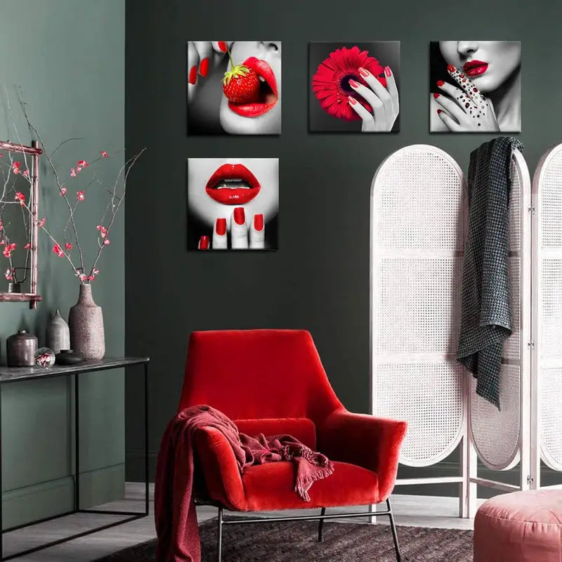 4pcs Red Lip And Nail Canvas Prints Stylish Wall Art Canvas Framed (Copy)