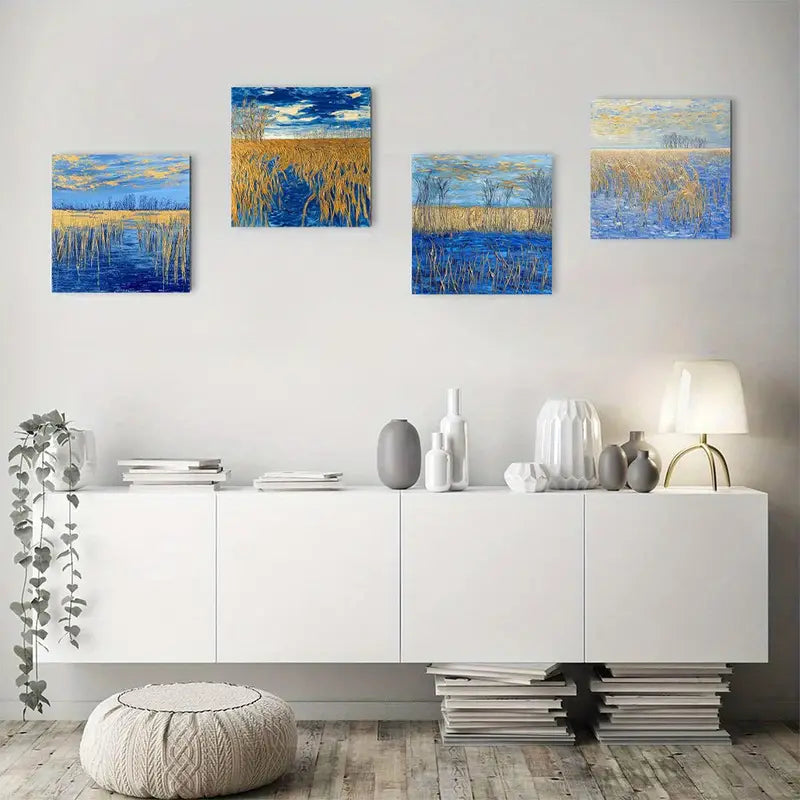 4pcs Blue Sky,White Cloud, Forest & Yellow Grass Landscapes Wall Art Canvas Framed