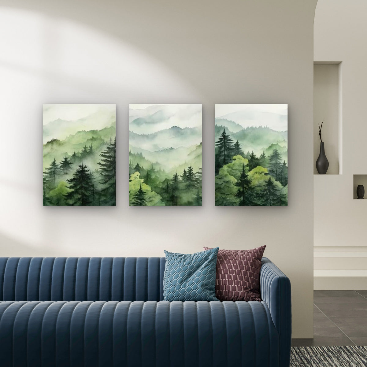 3pcs Misty Green Forest Watercolor Mountain Wall Art Set Canvas Framed 50x70cm - High Quality Print 100% Australian Made Wall Canvas Ready to Hang
