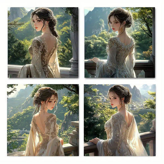 4pcs Elegant Lady In White & Golden Ancient Chinese Style Wall Art Canvas Framed