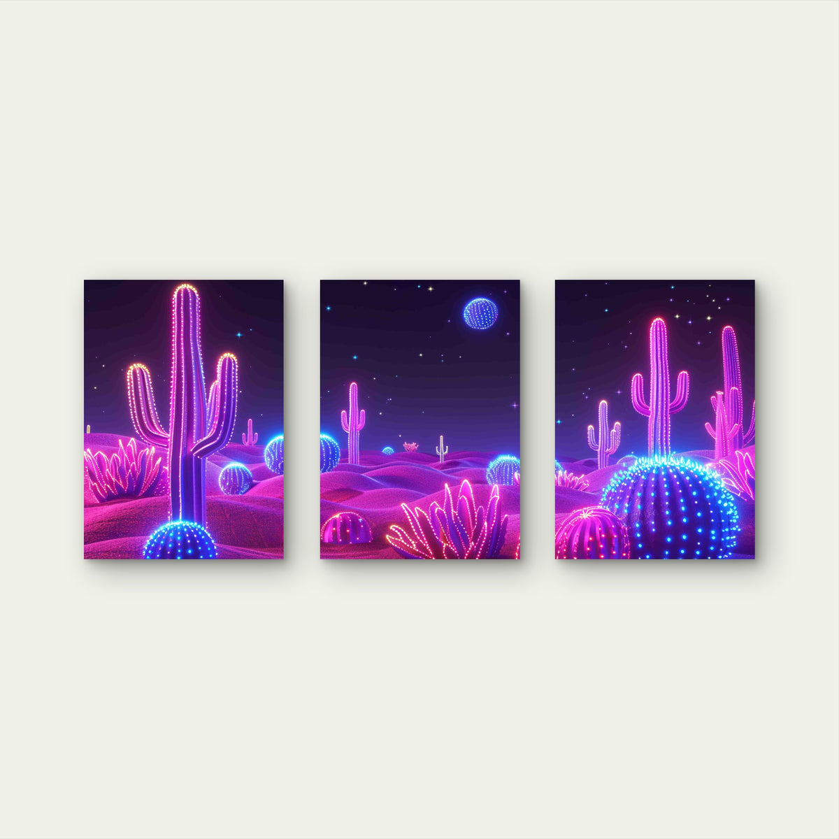 3pcs Vibrant Neon Cactus Desert Metal Print Ready to Hang Art
