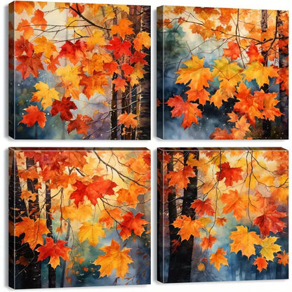 4pcs Maple Leaves Prints Wall Art Canvas Framed