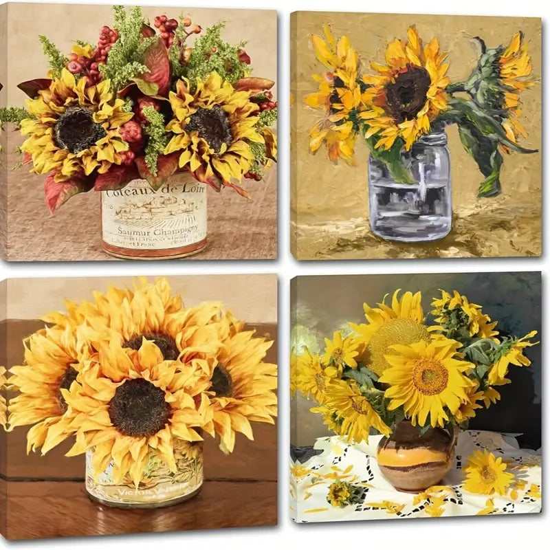 4pcs Yellow Blossom Flowers Picture Wall Art Canvas Framed