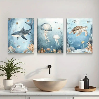 3pcs Turtle, Jellyfish, Shark & Coral Reef Designs Metal Print Ready to Hang Art