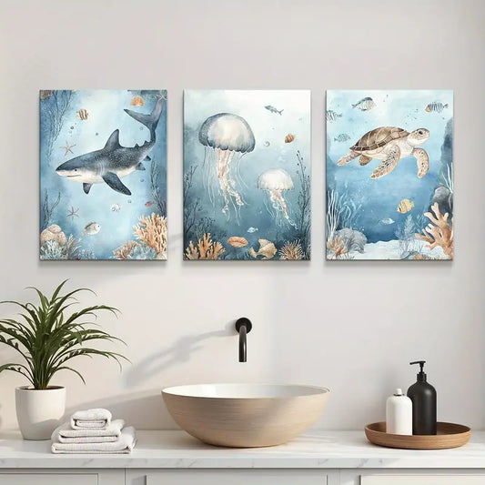 3pcs Turtle, Jellyfish, Shark & Coral Reef Designs Metal Print Ready to Hang Art