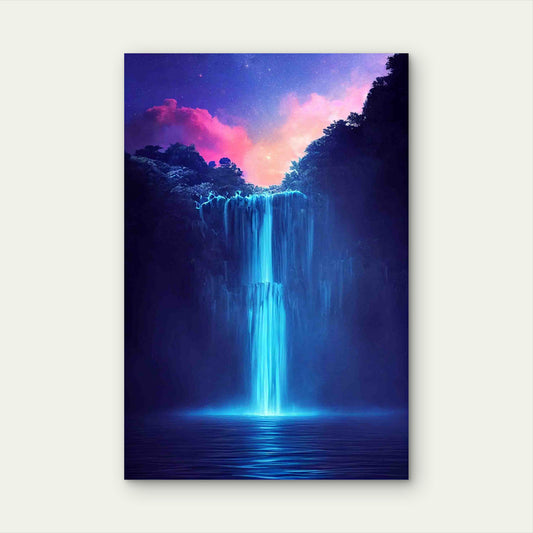 Neon Blue Waterfall in a Hidden Fantasy Forest 60x90cm Metal Print Ready to Hang
