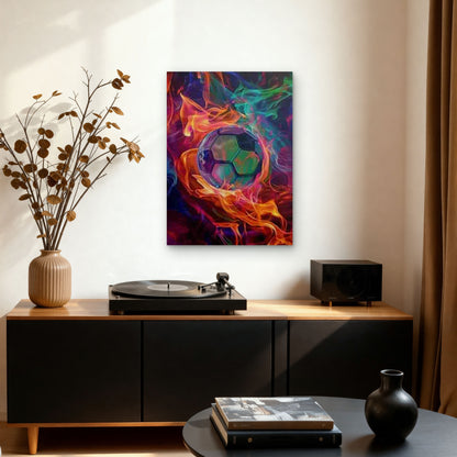 Soccer Ball - Modern Flaming Soccer 60x90cm Metal Print Ready to Hang