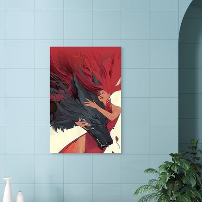 Red-Clothed Woman Embracing a Black Wolf 60x90cm Metal Print Ready to Hang