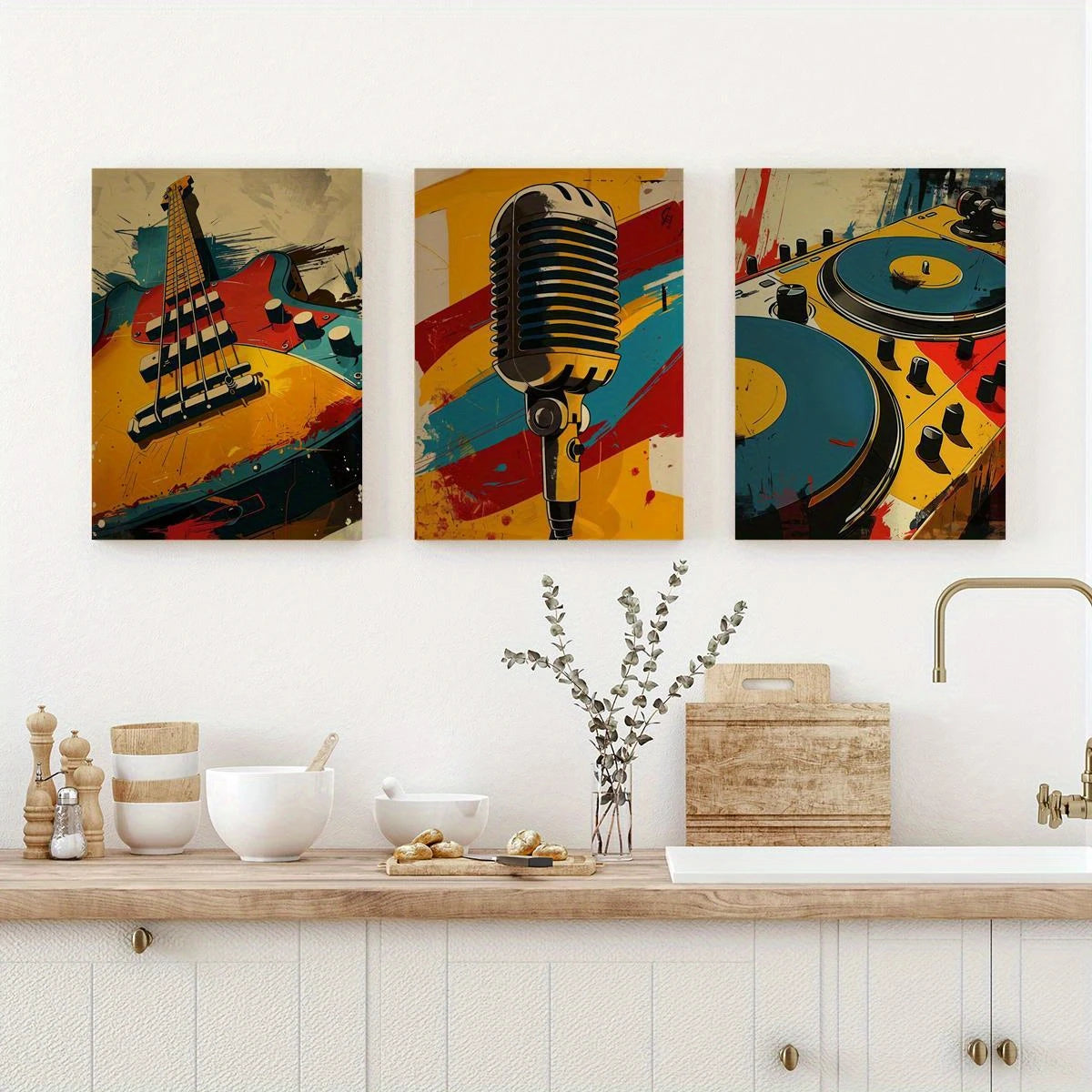3pcs Colorful Musical Instrument Retro Turntables Metal Print Ready to Hang Art